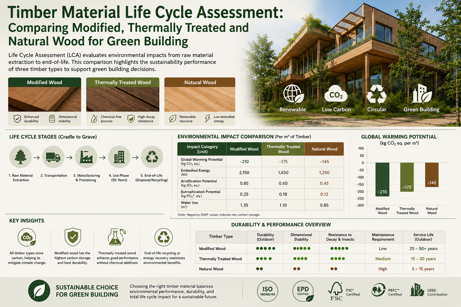 Timber Material Life Cycle Assessment: Comparing Modified, Thermally Treated and Natural Wood for Green Building